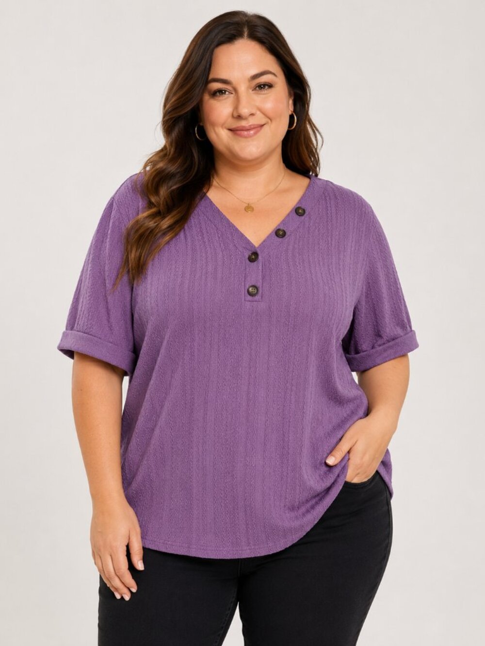 BloomChic Purple Textured Henley V-Neck Short Sleeve Top Plus Size US 26